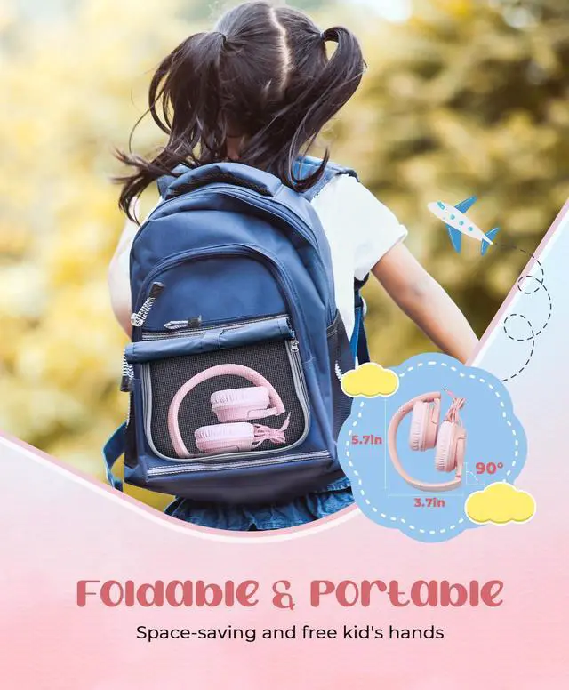 Alt view image 5 of 7 - Kids Headphones, Wired On-Ear Foldable Headphones for Kids, 3.5MM Jack | Volume Limiter 94dB Kid Headphones for School Classes Travel, Lightweight Kids Headset Compatible PC iPad Tablet Kindle, Pink