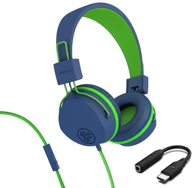 Main image of Kids Wired on-Ear Headphones, Bundle with USB-C Adapter, Volume limiting, Foldable, Blue/Green