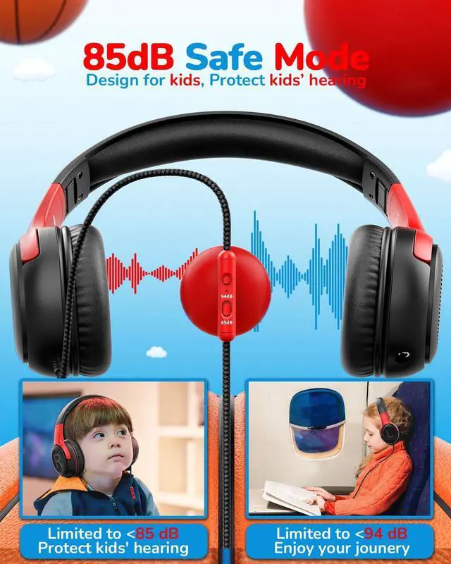 Alt view image 2 of 7 - Kids Headphones for School Travel, 85/94dB Safe Volume Limit, 3.5mm Jack, HD Mic, Portable Wired Headphone with Shareport, Stereo Sound On-Ear Headphones for Toddler Kids Girls Boys BlackRed