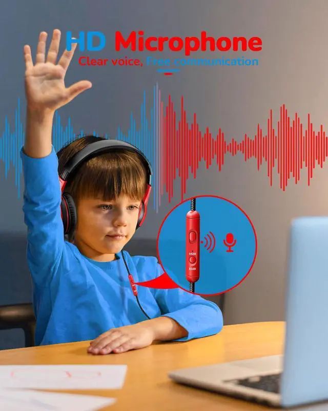 Alt view image 4 of 7 - Kids Headphones for School Travel, 85/94dB Safe Volume Limit, 3.5mm Jack, HD Mic, Portable Wired Headphone with Shareport, Stereo Sound On-Ear Headphones for Toddler Kids Girls Boys BlackRed