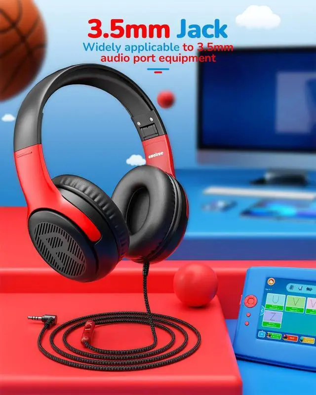 Alt view image 3 of 7 - Kids Headphones for School Travel, 85/94dB Safe Volume Limit, 3.5mm Jack, HD Mic, Portable Wired Headphone with Shareport, Stereo Sound On-Ear Headphones for Toddler Kids Girls Boys BlackRed