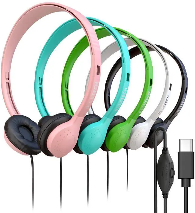Main image of 5 Pack Wired Headphones, Leather, USB-C, On-Ear, Volume Control, Compatible with Phone, Tablet, Laptop, PC for School, Class, Meeting, Conference, Test, Mix