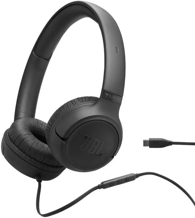 Main image of Hi-res USB-C Wired on-Ear Headphones and Pure Bass Sound, Wide Compatibility, 3-Button Remote with Microphone, Easy EQ presets & Tangle-Free Flat Cable (Black)