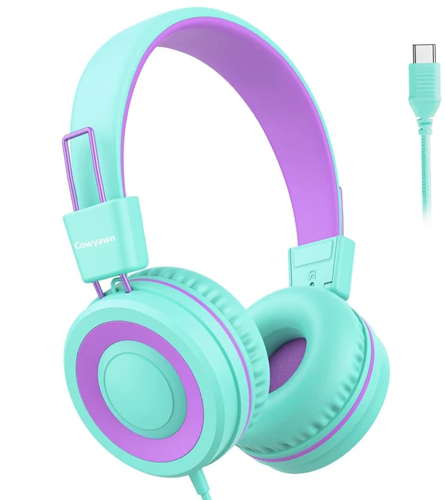 Main image of USB Type C Kids Headphones for School, Wired Toddler Headphones, 94dB Volume Limited, HD Stereo Sound, Foldable Lightweight On-Ear Wired Headphones for Kids/Children/Teens/Boys (Purple Green)