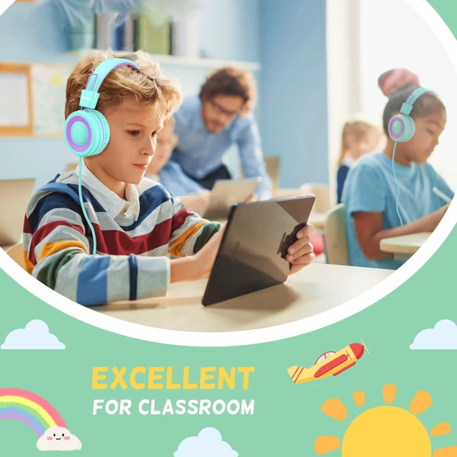 Alt view image 5 of 7 - USB Type C Kids Headphones for School, Wired Toddler Headphones, 94dB Volume Limited, HD Stereo Sound, Foldable Lightweight On-Ear Wired Headphones for Kids/Children/Teens/Boys (Purple Green)