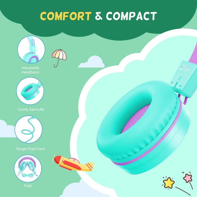 Alt view image 4 of 7 - USB Type C Kids Headphones for School, Wired Toddler Headphones, 94dB Volume Limited, HD Stereo Sound, Foldable Lightweight On-Ear Wired Headphones for Kids/Children/Teens/Boys (Purple Green)