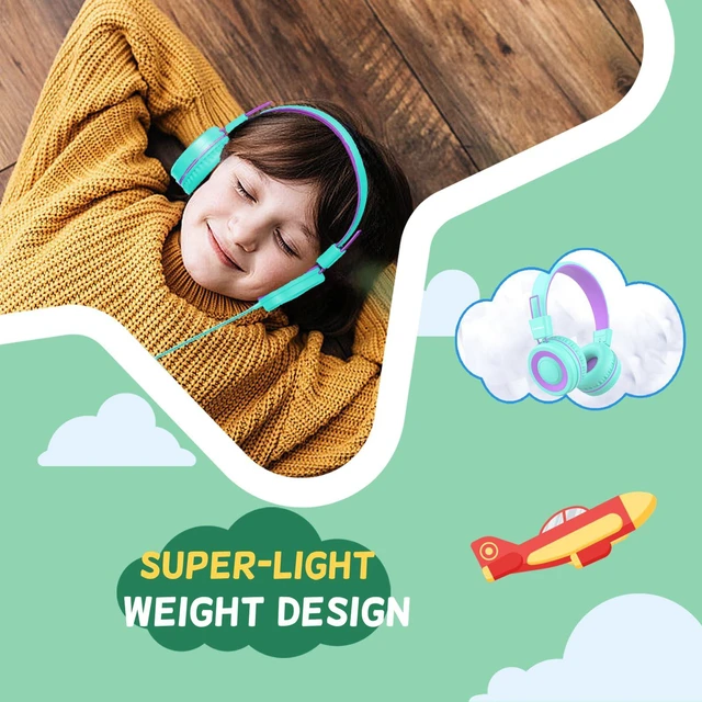 Alt view image 6 of 7 - USB Type C Kids Headphones for School, Wired Toddler Headphones, 94dB Volume Limited, HD Stereo Sound, Foldable Lightweight On-Ear Wired Headphones for Kids/Children/Teens/Boys (Purple Green)