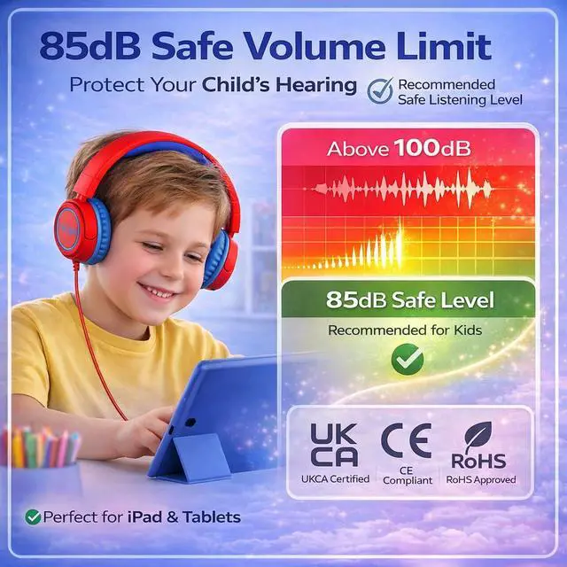 Alt view image 3 of 7 - Kids Headphones with USB-C, for Toddler & Kids Ages 2-12, 85dB Safe Volume Limited, Adjustable Headband & Foldable Wired, On-Ear Headphones for School, Travel, Tablet, iPad