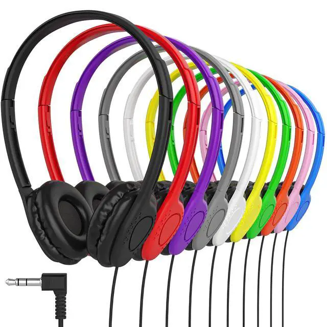 Main image of Headphones On-Ear Wired Headphones Adjustable Headband with Soft Faux Leather Cushions for School Classrooms, Libraries, Travel - 3.5mm Plug - 10 Pack - Multicolor