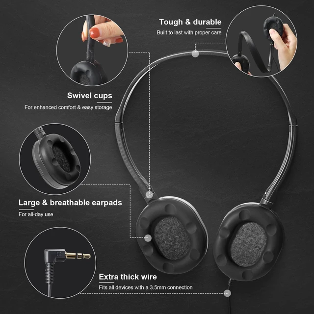 Alt view image 3 of 6 - 30 Pack Wired On-Ear Headphones with Stereo Headband | Bulk Wired Headphones for Schools, Laptops, Tablets, Travel and Airplane Use, with Adjustable Fit for Everyday Listening