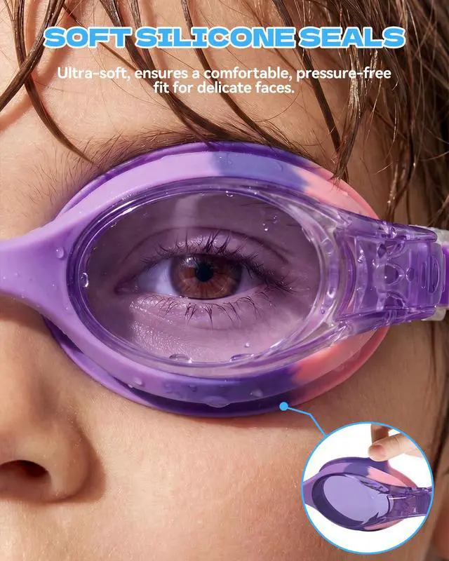 Alt view image 2 of 7 - Swim Goggles for Kids Age 3-8 Anti-Fog Clear Vision Full Protection Goggles Perfect for Toddler Swimming (Pink & Purple-2 Pack)