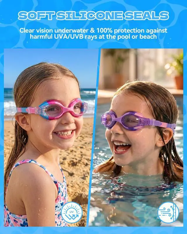 Alt view image 3 of 7 - Swim Goggles for Kids Age 3-8 Anti-Fog Clear Vision Full Protection Goggles Perfect for Toddler Swimming (Pink & Purple-2 Pack)