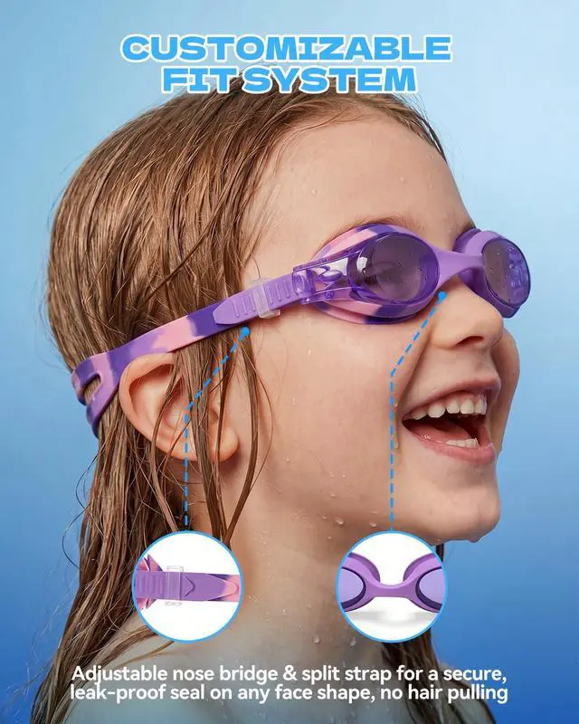 Alt view image 4 of 7 - Swim Goggles for Kids Age 3-8 Anti-Fog Clear Vision Full Protection Goggles Perfect for Toddler Swimming (Pink & Purple-2 Pack)
