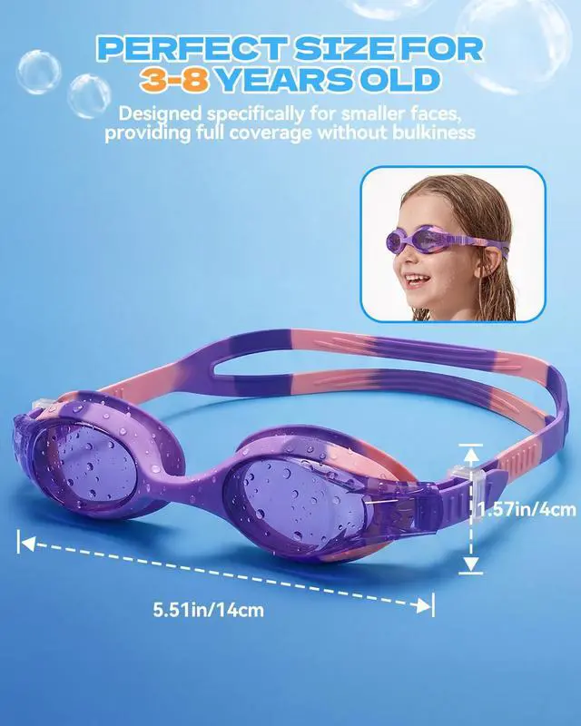 Alt view image 6 of 7 - Swim Goggles for Kids Age 3-8 Anti-Fog Clear Vision Full Protection Goggles Perfect for Toddler Swimming (Pink & Purple-2 Pack)