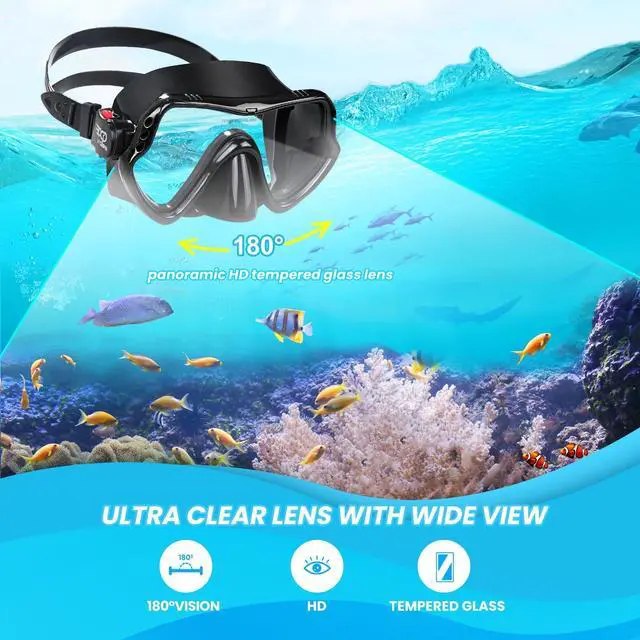 Alt view image 2 of 6 - Snorkel Diving Mask, Professional Snorkeling Mask Gear, Ultra Clear Lens With Wide View Tempered Glass Goggles,Anti Leakage Scuba Mask, Silicone Swimming Goggles Mask for Adults, Black