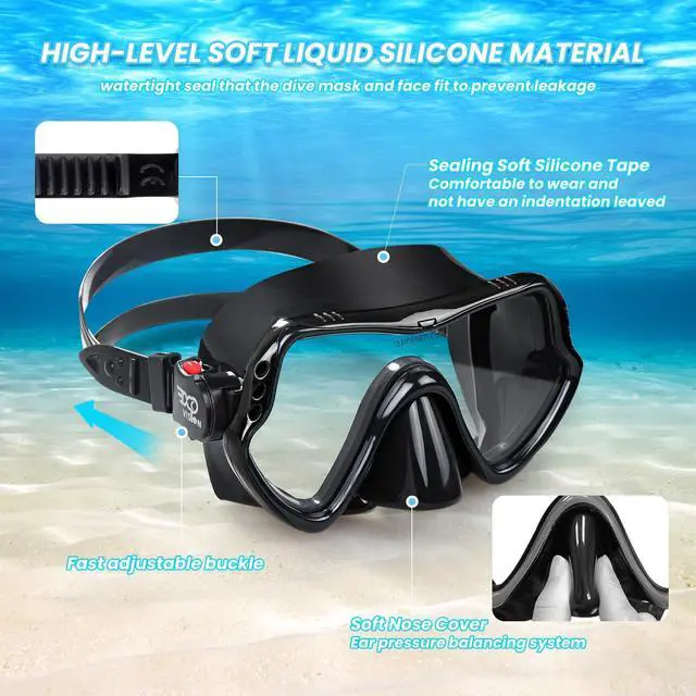 Alt view image 4 of 6 - Snorkel Diving Mask, Professional Snorkeling Mask Gear, Ultra Clear Lens With Wide View Tempered Glass Goggles,Anti Leakage Scuba Mask, Silicone Swimming Goggles Mask for Adults, Black