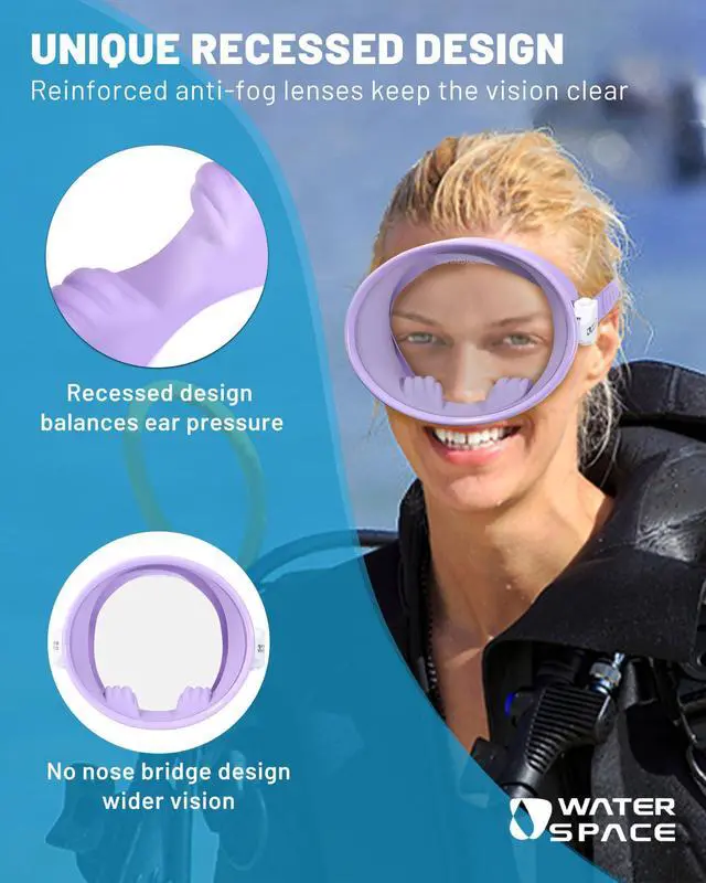 Alt view image 3 of 6 - Diving Mask Snorkeling Scuba Free Diving Swimming Goggles for Youth Adults Women Men HD Oval Tempered Glass Lens 180° Wide Clear Vision Anti Leak Swim Goggles Food-Grade Silicone