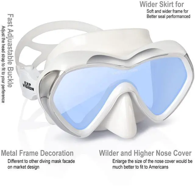 Alt view image 3 of 6 - Scuba Diving Mask Anti-Fog Panoramic Snorkel Goggles, Adult Mirror Swim Mask Single Lens Swim Goggles wIith Nose Cover for Diving, Snorkeling, Swimming (White)