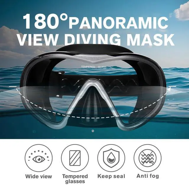 Alt view image 2 of 7 - Scuba Diving Mask for Adults - Anti-Fog Swim Mask Wide View Swimming Goggles with Nose Cover Professional Tempered Glass Lens Snorkeling Goggles Gear with Fabric Strap for Men Women (Black)