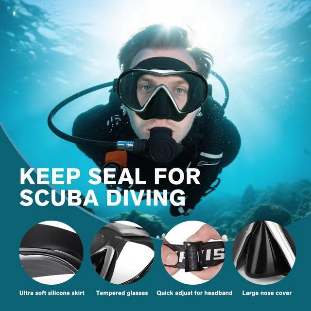Alt view image 5 of 7 - Scuba Diving Mask for Adults - Anti-Fog Swim Mask Wide View Swimming Goggles with Nose Cover Professional Tempered Glass Lens Snorkeling Goggles Gear with Fabric Strap for Men Women (Black)