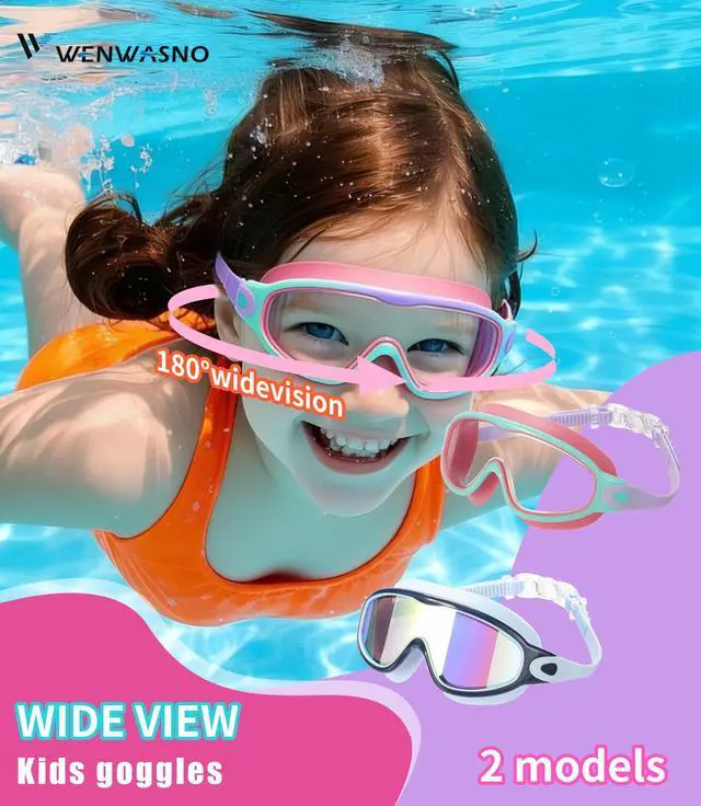Alt view image 2 of 7 - kids Swim Goggles 2 Pack Anti-UV Anti-Fog Wide View Swimming Goggles for Kids 3-14