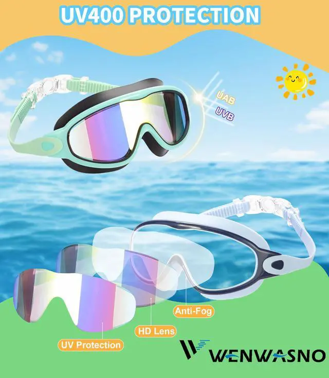 Alt view image 4 of 7 - kids Swim Goggles 2 Pack Anti-UV Anti-Fog Wide View Swimming Goggles for Kids 3-14