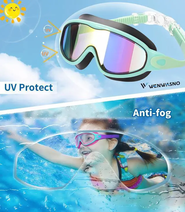 Alt view image 6 of 7 - kids Swim Goggles 2 Pack Anti-UV Anti-Fog Wide View Swimming Goggles for Kids 3-14