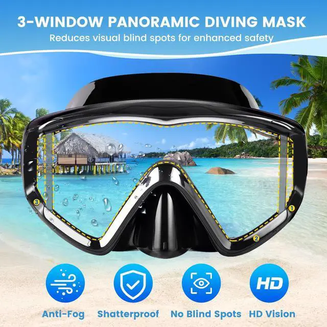 Alt view image 2 of 7 - Pano 3-Window Snorkel Mask for Adults, Anti-Fog & Scratch-Resistant PC Lens Scuba Diving Mask, Wide View Swim Goggles with Liquid Silicone Skirt for Freediving, Swimming & Water Sports (Black)