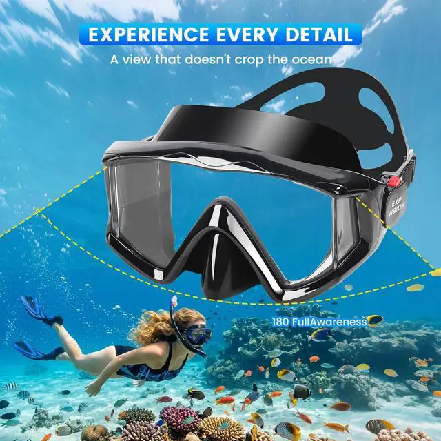 Alt view image 3 of 7 - Pano 3-Window Snorkel Mask for Adults, Anti-Fog & Scratch-Resistant PC Lens Scuba Diving Mask, Wide View Swim Goggles with Liquid Silicone Skirt for Freediving, Swimming & Water Sports (Black)