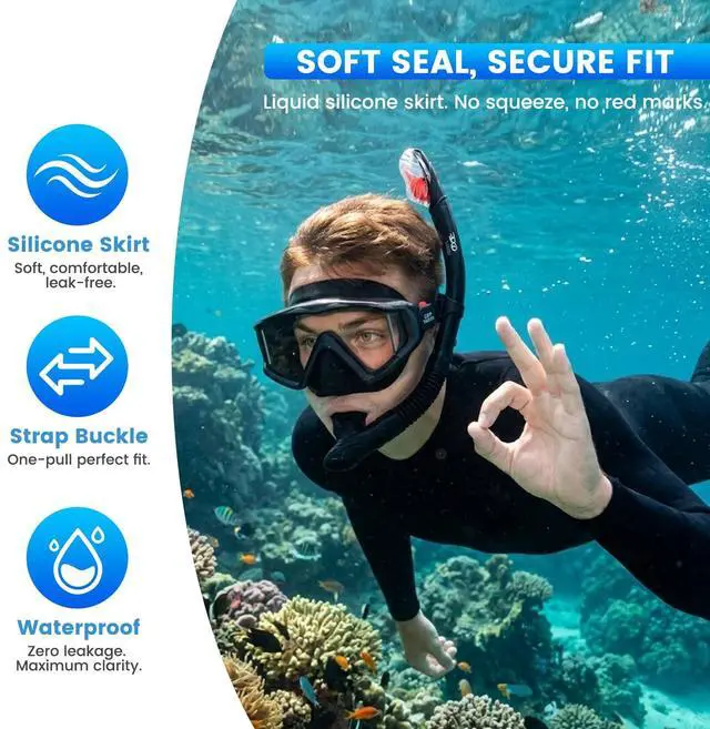 Alt view image 5 of 7 - Pano 3-Window Snorkel Mask for Adults, Anti-Fog & Scratch-Resistant PC Lens Scuba Diving Mask, Wide View Swim Goggles with Liquid Silicone Skirt for Freediving, Swimming & Water Sports (Black)