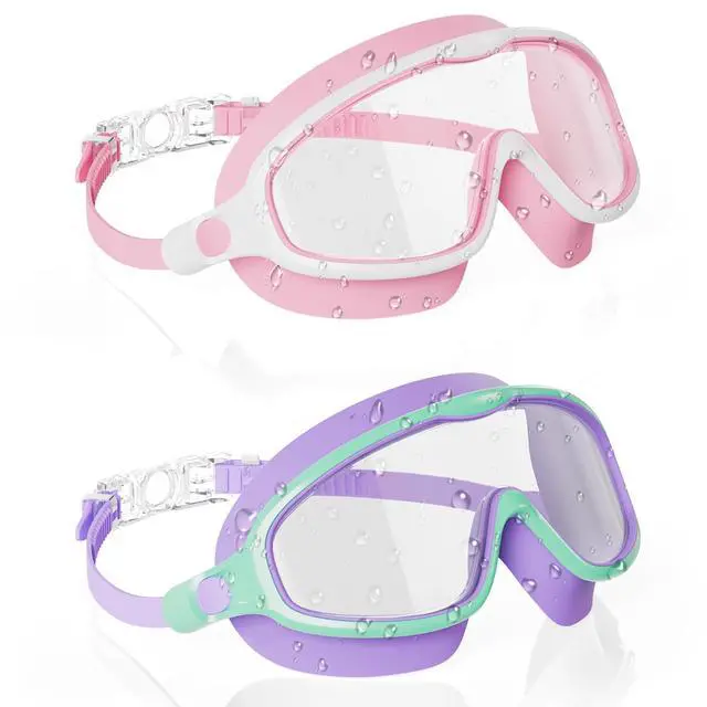 Main image of Swim Goggles 2PCS Wider Vision Swimming Goggles for Kids 3-14 (Pink & Purple)