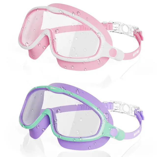 Alt view image 7 of 7 - Swim Goggles 2PCS Wider Vision Swimming Goggles for Kids 3-14 (Pink & Purple)