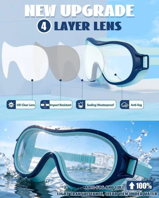 Alt view image 7 of 7 - Pack Swim goggles for Kids 3-15, Anti-Fog Anti-UV Wide Vision Waterproof, No leak Swimming goggles for Boys Girls
