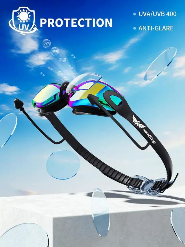 Alt view image 2 of 7 - 2 Pack Swim Goggles No Leak Anti-Fog & UV, Swimming Goggles for Adult Men Women, Wide Visio HD Mirror PC Lens (Black-Blue+Gold)
