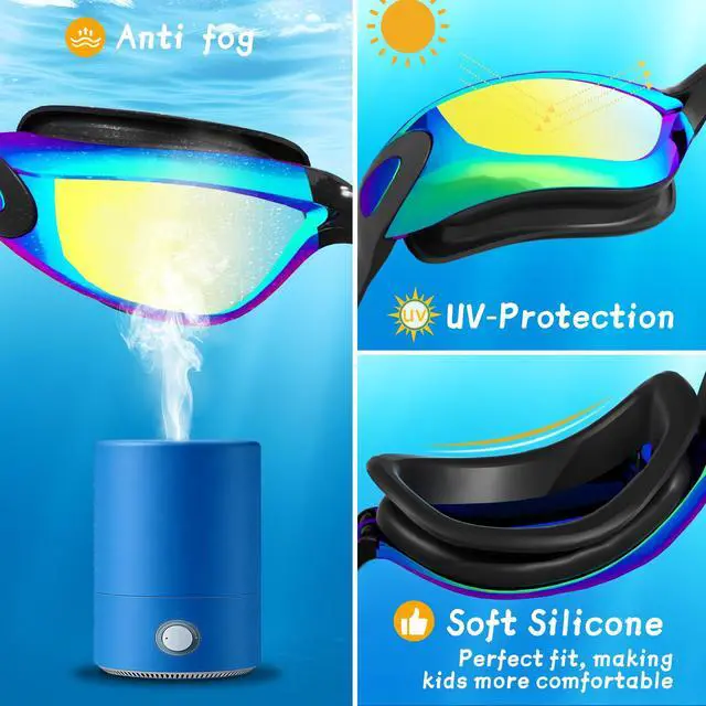 Alt view image 3 of 7 - 2 Pack Swim Goggles No Leak Anti-Fog & UV, Swimming Goggles for Adult Men Women, Wide Visio HD Mirror PC Lens (Black-Blue+Gold)