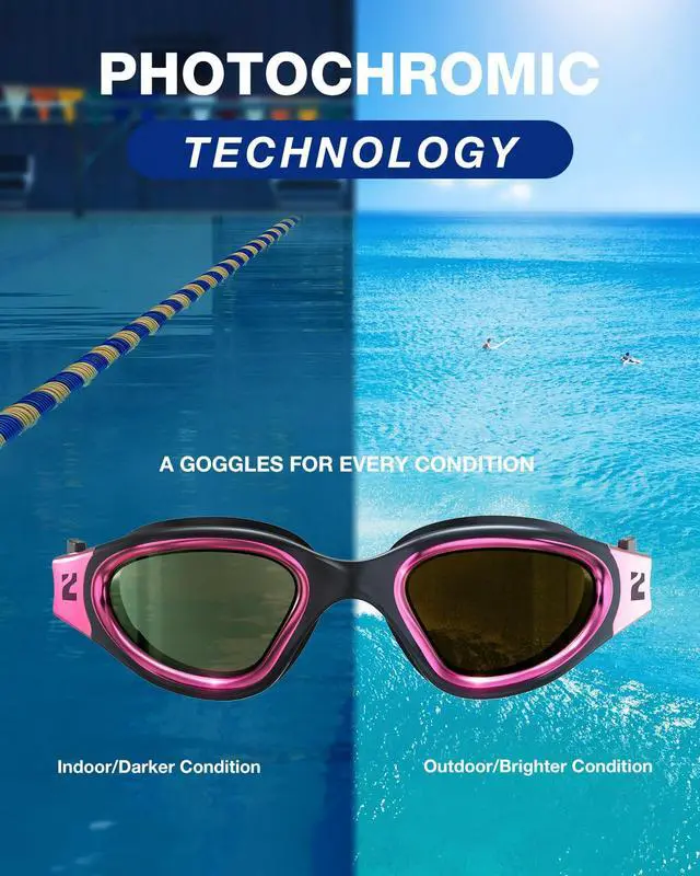 Alt view image 3 of 7 - Swim Goggles, G1 ULTRA Photochromic Polarized Swimming Goggles for Men Women Adult, UV Protection Leakproof Easy Adjustable Strap for Indoor Outdoor Swimming (Polarized + Pink)