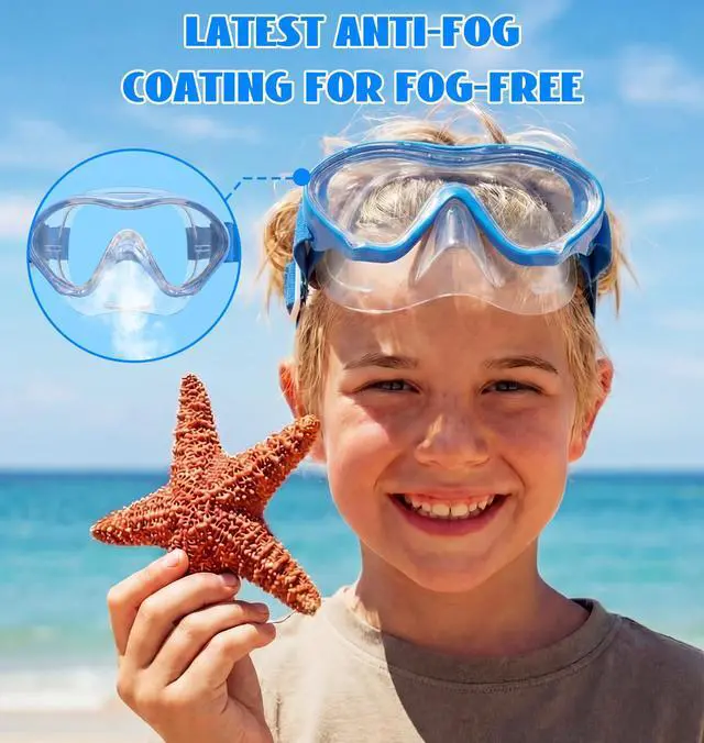 Alt view image 6 of 7 - Kids Swim Goggles Snorkel Diving Mask for Kids Youth 3-15, Knitted Fabric Strap, Anti-Fog 180° Clear View