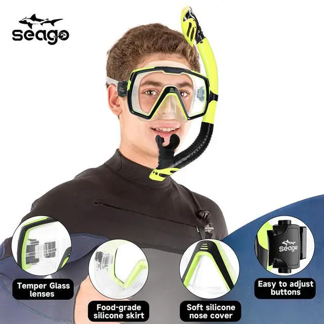 Alt view image 2 of 7 - Dry Scuba Snorkel Diving Mask Set with Nose Cover Tempered Glass,180° Wide View Vision, Leak-Proof, Snorkeling Gear for Adults Men, Women & Youth, Perfect for Snorkeling and Diving