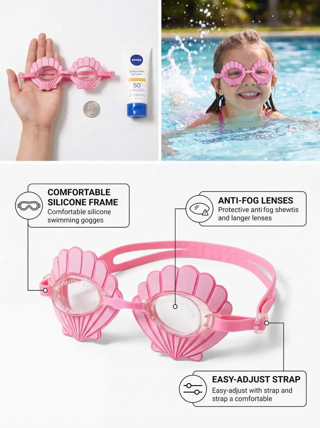 Alt view image 5 of 7 - Pink Seashell Youth Swim Goggles Fun Mermaid-Inspired Swimming Goggles for Kids, Anti-Fog, UV Protection, Adjustable Strap