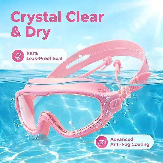 Alt view image 4 of 7 - Swim Goggles for Kids 6-12, Wide View Anti-Fog UV Protection No Leaking,Boys Girls Youth Swimming Goggles(Pink)