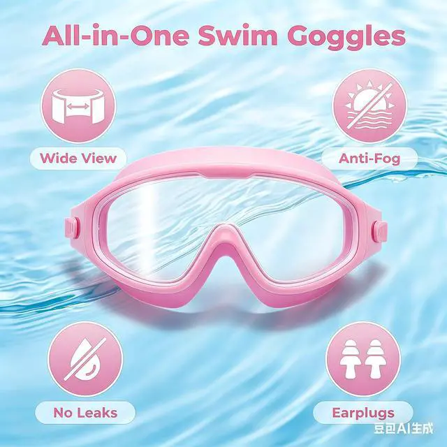 Alt view image 3 of 7 - Swim Goggles for Kids 6-12, Wide View Anti-Fog UV Protection No Leaking,Boys Girls Youth Swimming Goggles(Pink)