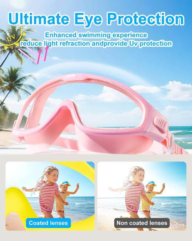 Alt view image 6 of 7 - Swim Goggles for Kids 6-12, Wide View Anti-Fog UV Protection No Leaking,Boys Girls Youth Swimming Goggles(Pink)