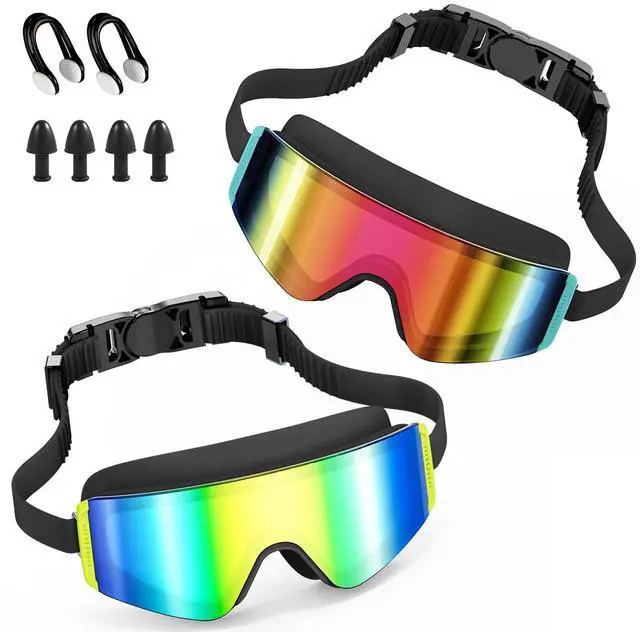 Main image of Kids Swim Goggles 2 Pack Large Frame Anti Fog Soft Silicone Leak Proof UV Protection for Boys Girls Age 3-15 (Black/Iridescent Pink Plated + Black/Iridescent Gold Plated)