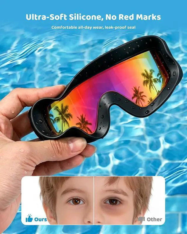 Alt view image 4 of 7 - Kids Swim Goggles 2 Pack Large Frame Anti Fog Soft Silicone Leak Proof UV Protection for Boys Girls Age 3-15 (Black/Iridescent Pink Plated + Black/Iridescent Gold Plated)