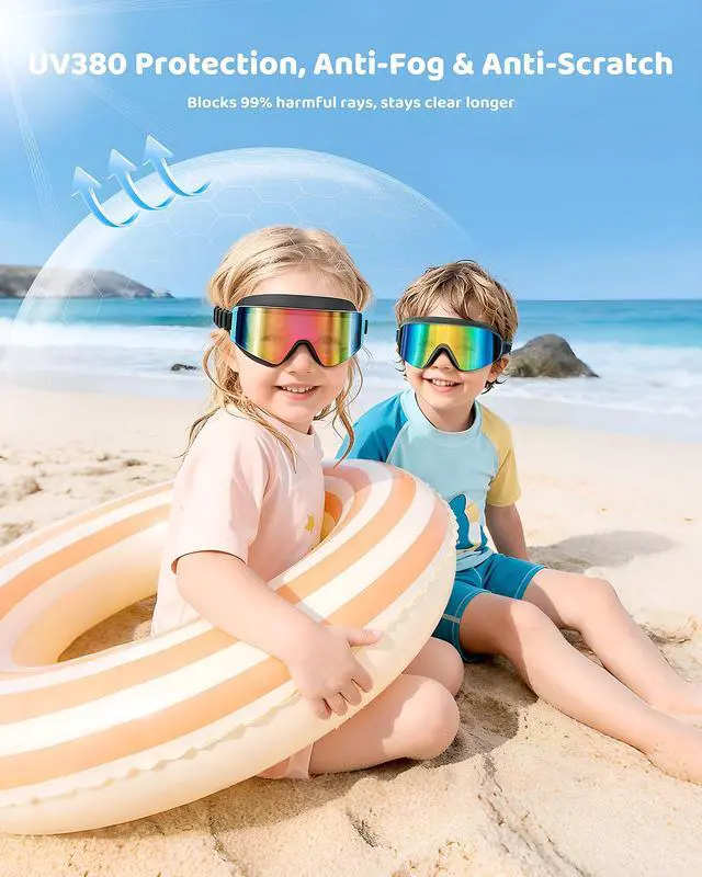 Alt view image 5 of 7 - Kids Swim Goggles 2 Pack Large Frame Anti Fog Soft Silicone Leak Proof UV Protection for Boys Girls Age 3-15 (Black/Iridescent Pink Plated + Black/Iridescent Gold Plated)