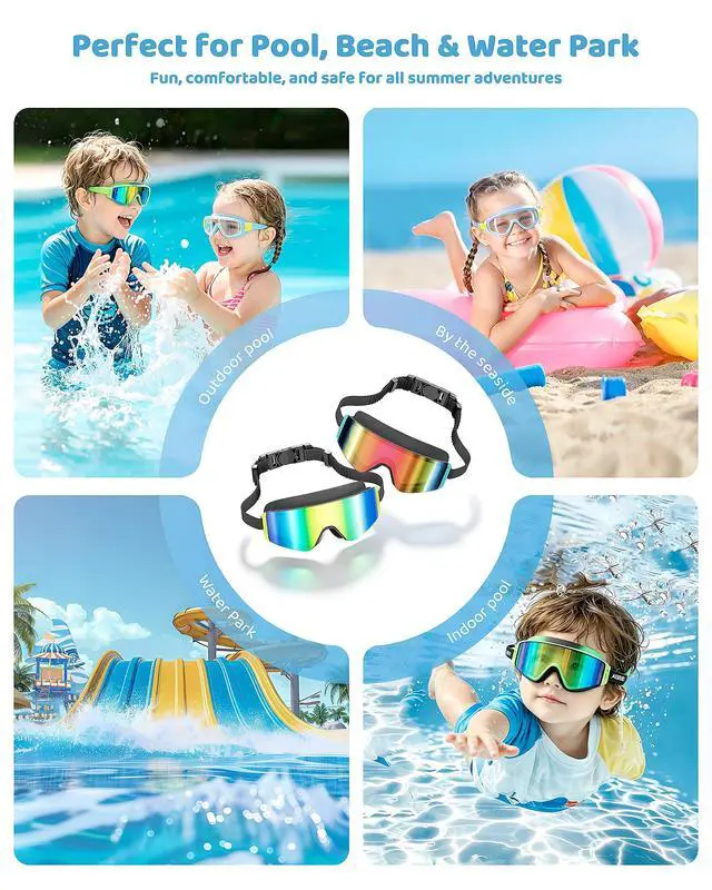 Alt view image 7 of 7 - Kids Swim Goggles 2 Pack Large Frame Anti Fog Soft Silicone Leak Proof UV Protection for Boys Girls Age 3-15 (Black/Iridescent Pink Plated + Black/Iridescent Gold Plated)