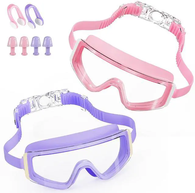 Main image of Kids Swim Goggles 2 Pack Large Frame Anti Fog Soft Silicone Leak Proof UV Protection for Boys Girls Age 3-15 (Pink/Clear +Purple/Transparent)