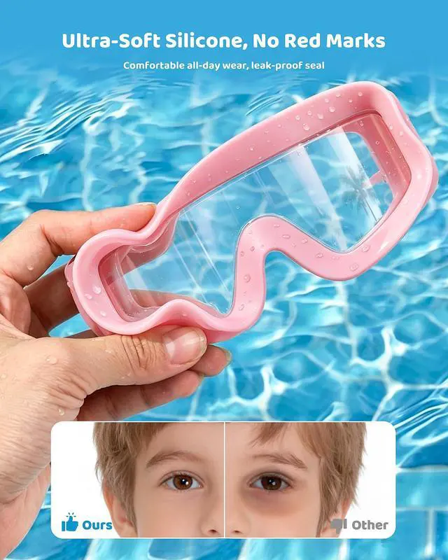 Alt view image 3 of 5 - Kids Swim Goggles 2 Pack Large Frame Anti Fog Soft Silicone Leak Proof UV Protection for Boys Girls Age 3-15 (Pink/Clear +Purple/Transparent)