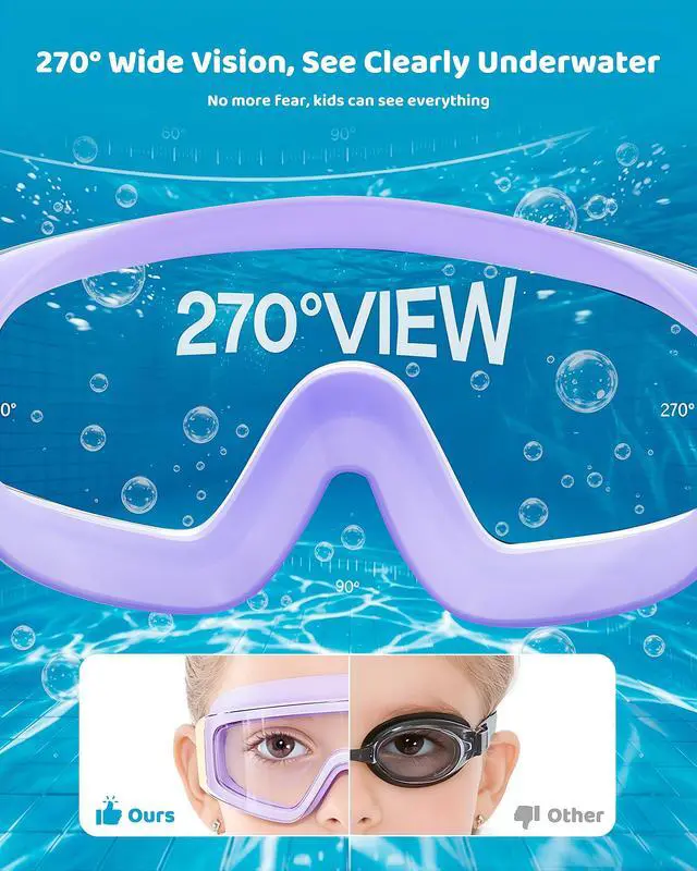 Alt view image 2 of 5 - Kids Swim Goggles 2 Pack Large Frame Anti Fog Soft Silicone Leak Proof UV Protection for Boys Girls Age 3-15 (Pink/Clear +Purple/Transparent)
