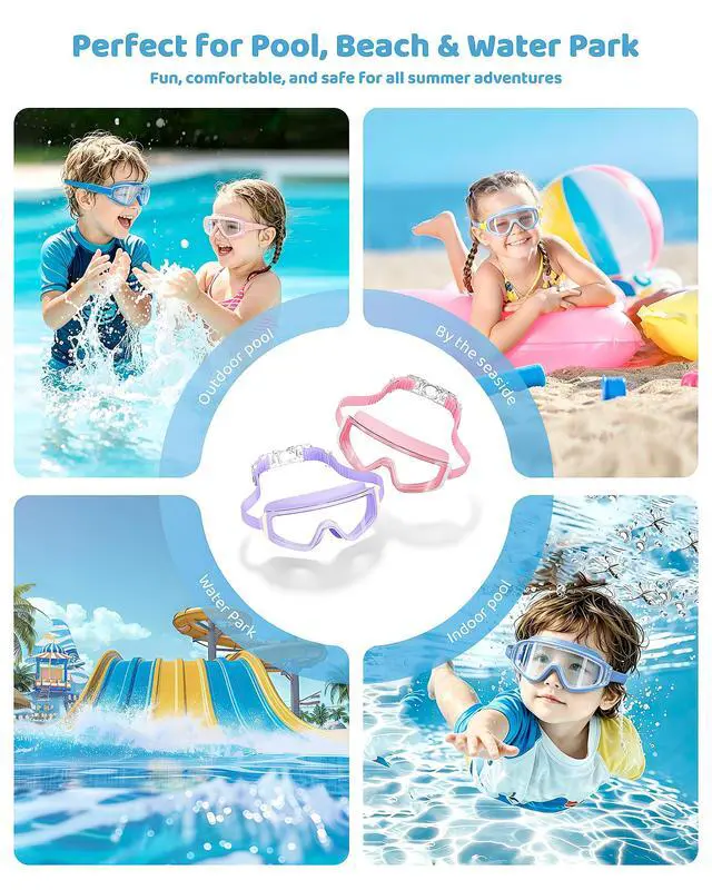 Alt view image 5 of 5 - Kids Swim Goggles 2 Pack Large Frame Anti Fog Soft Silicone Leak Proof UV Protection for Boys Girls Age 3-15 (Pink/Clear +Purple/Transparent)